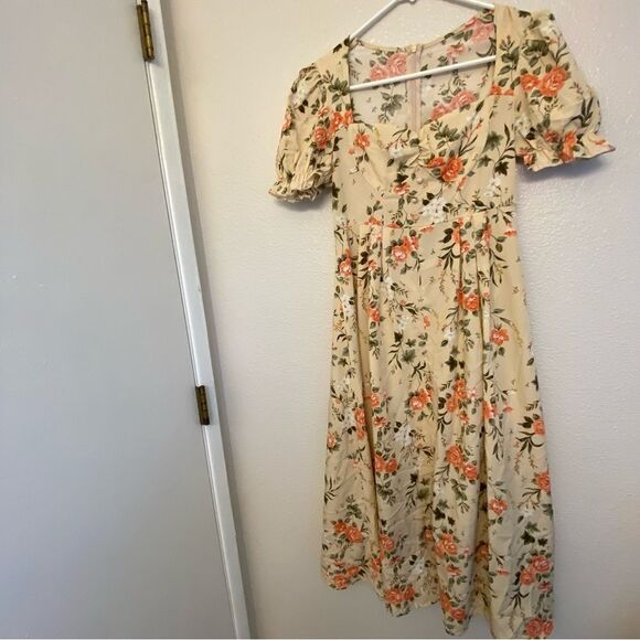 Floral midi dress sweetheart neckline button front puff sleeve feminine Dress XS - Picture 2 of 12